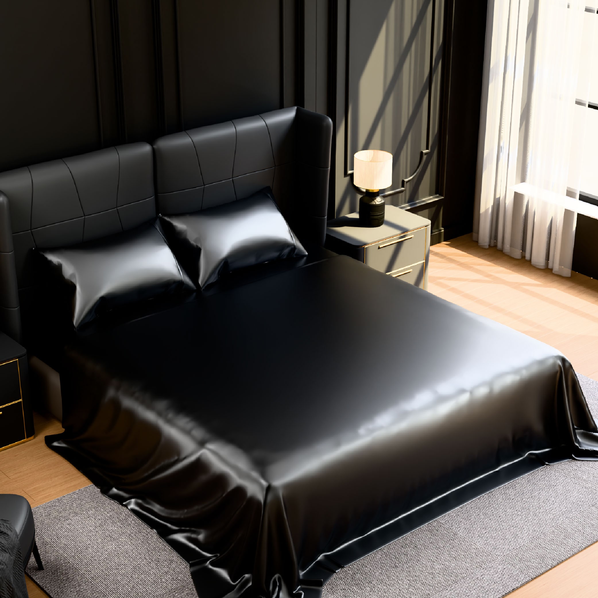 Satin Bed Sheets, King Size Sheets Set, 4 Pcs Silky Bedding Set With 15 Inches Deep Pocket For Mattress (King, Black)_voghion.com